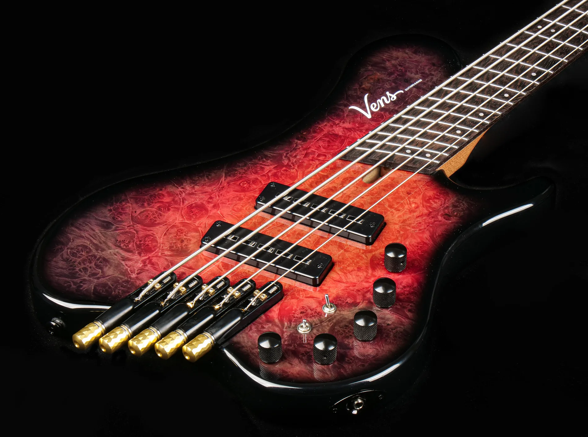 HTF524-BM-OSR in Crimson Shadow finish, figured finish and control detail
